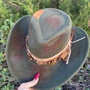 Rustic Gray/Green Cowboy Style Hat with Feather Detail W/ Decrotive Hat Band